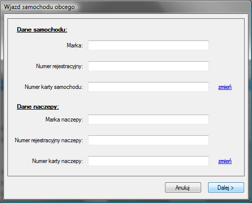 Przy dodawaniu nowego pojazdu z naczepą należy wypełnić następujące pola: markę, nr rejestracyjny samochodu, markę i nr rejestracyjny naczepy, aby wypełnić pola numer karty samochodu i numer karty