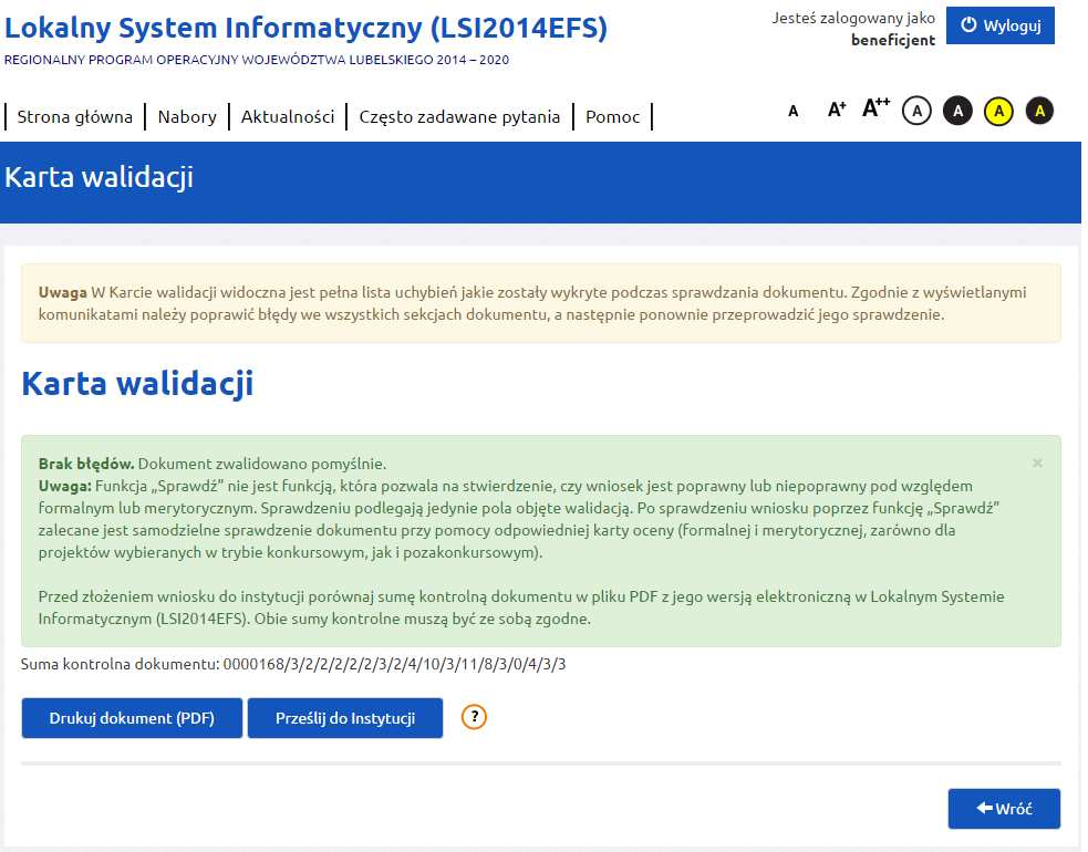 Dla poprawnie wypełnionego wniosku wyświetli się okno z komunikatem o braku błędów.