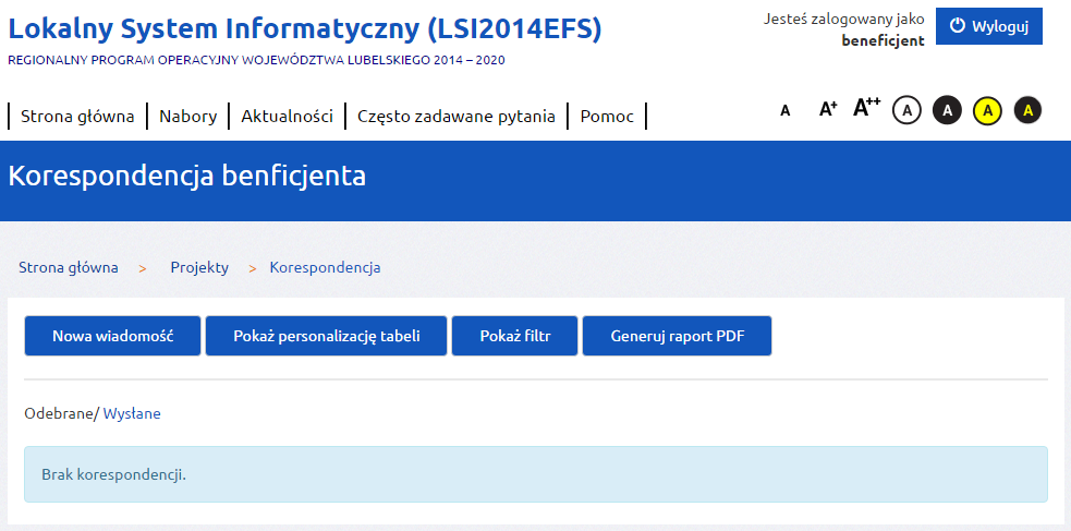 komunikację w trakcie realizacji projektu. Instytucja Organizująca Konkurs może ustalić zasady wykorzystania przedmiotowego modułu. Moduł dostępny jest w kaflu Projekty pod przyciskiem Korespondencja.