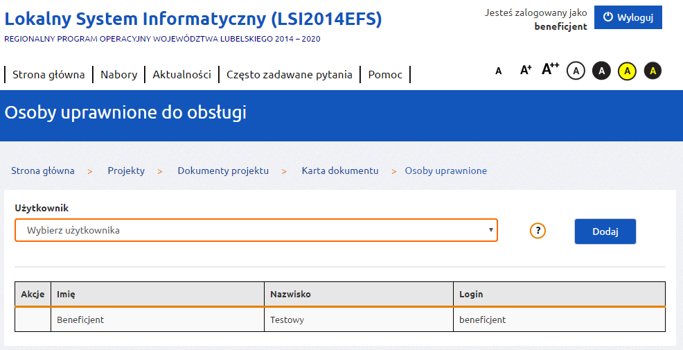 Przypisanie użytkownika do obsługi projektu odbywa się z poziomu karty danego wniosku o dofinansowanie (Strona główna-> Projekty-> Dokumenty projektu-> Karta dokumentu-> przycisk Osoby uprawnione).