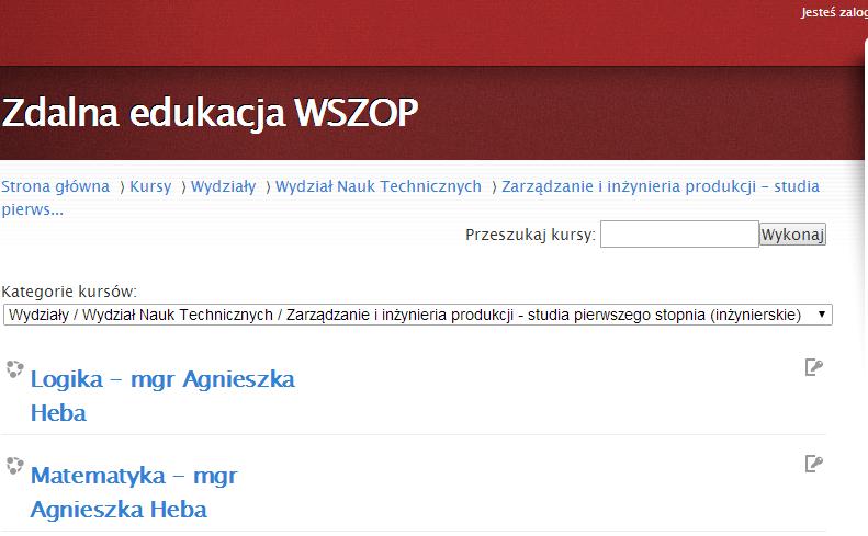 widok listy wydziałów i kierunków WSZOP klikając wybieramy swój kierunek Rys.