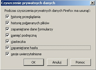 w sekcji Ciasteczka zaznaczyć parametr Akceptuj ciasteczka, w sekcji Prywatne dane zaznaczyć opcję Zawsze czyść prywatne dane przy zamykaniu programu FireFox oraz po naciśnięciu przycisku Ustawienia