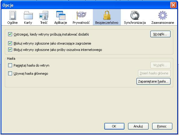 W opcji Bezpieczeństwo należy: zaznaczyć parametr Ostrzegaj, kiedy witryny próbuj ą instalować dodatki, zaznaczyć parametr Blokuj zgłoszone witryny stwarzaj ące zagrożenie, zaznaczyć parametr Blokuj