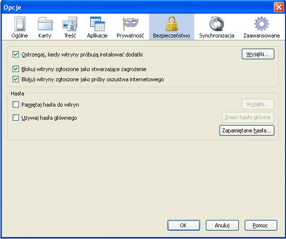 W opcji Bezpieczeństwo należy: zaznaczyć parametr Ostrzegaj, kiedy witryny próbuj ą instalować dodatki, zaznaczyć parametr Blokuj zgłoszone witryny stwarzaj ące zagrożenie, zaznaczyć parametr Blokuj