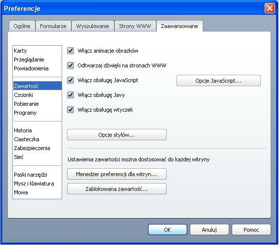 Włącz obsługę JavaScript po kliknięciu przycisku Opcj e JavaScript.