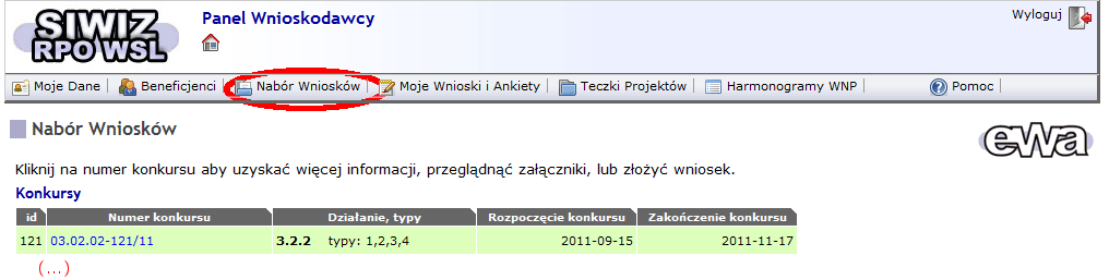 2. Rozpoczęcie wypełniania nowego wniosku o dofinansowanie.