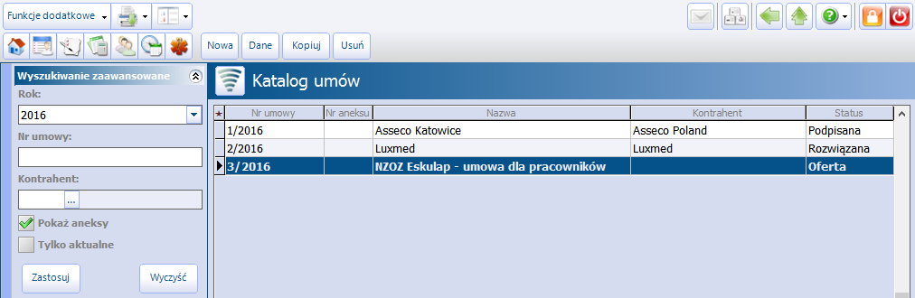 Konfiguracja Modułu Komercyjnego Za pomocą przycisku Dane można przeglądać i modyfikować dane umowy.