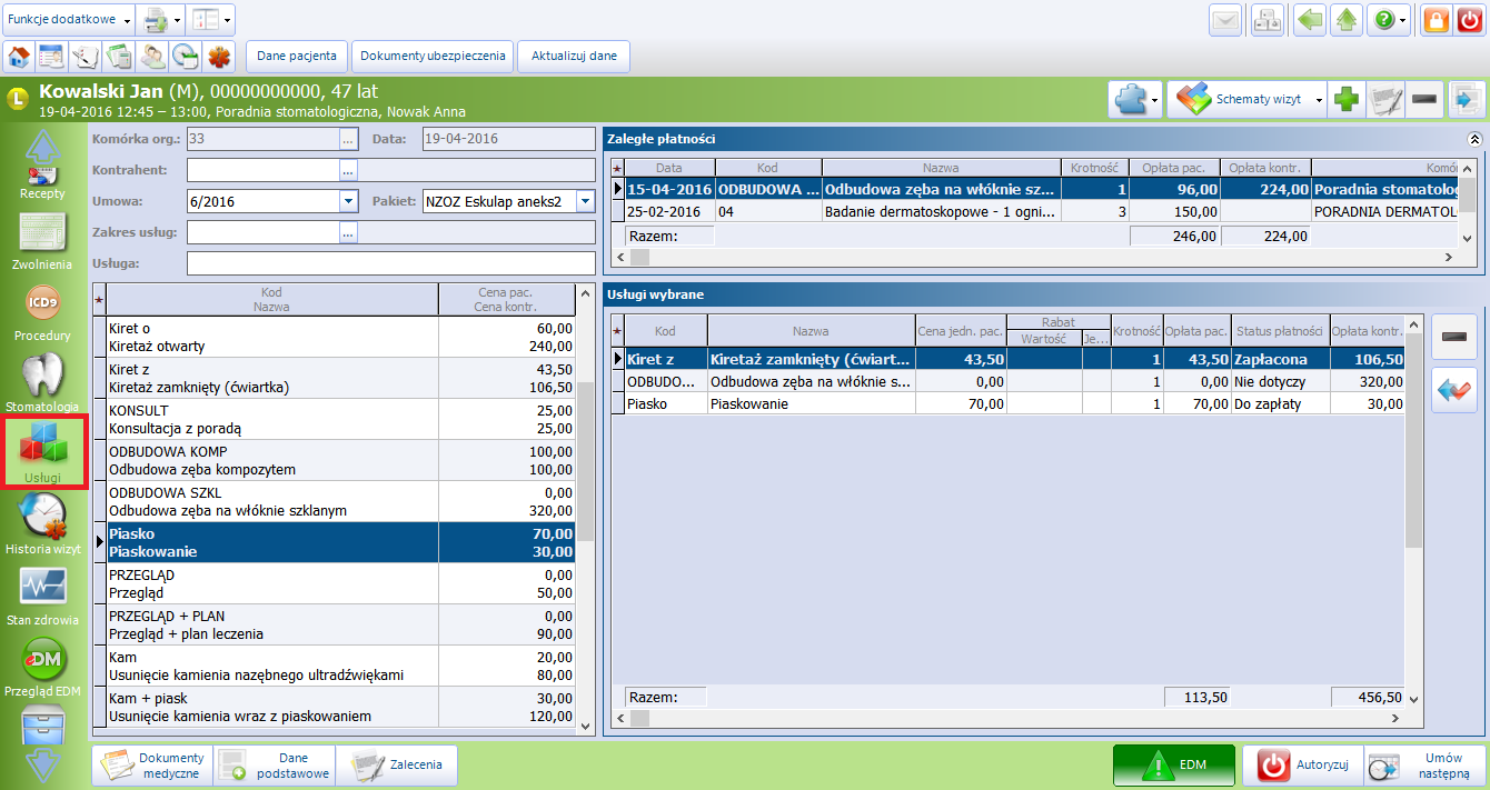 Ewidencja i rozliczanie usług komercyjnych Jeśli podczas rezerwacji/rejestracji wizyty dokonano wyboru usług, dane te będą wyświetlane w oknie Usługi w ybrane wraz z odpowiednim statusem płatności.