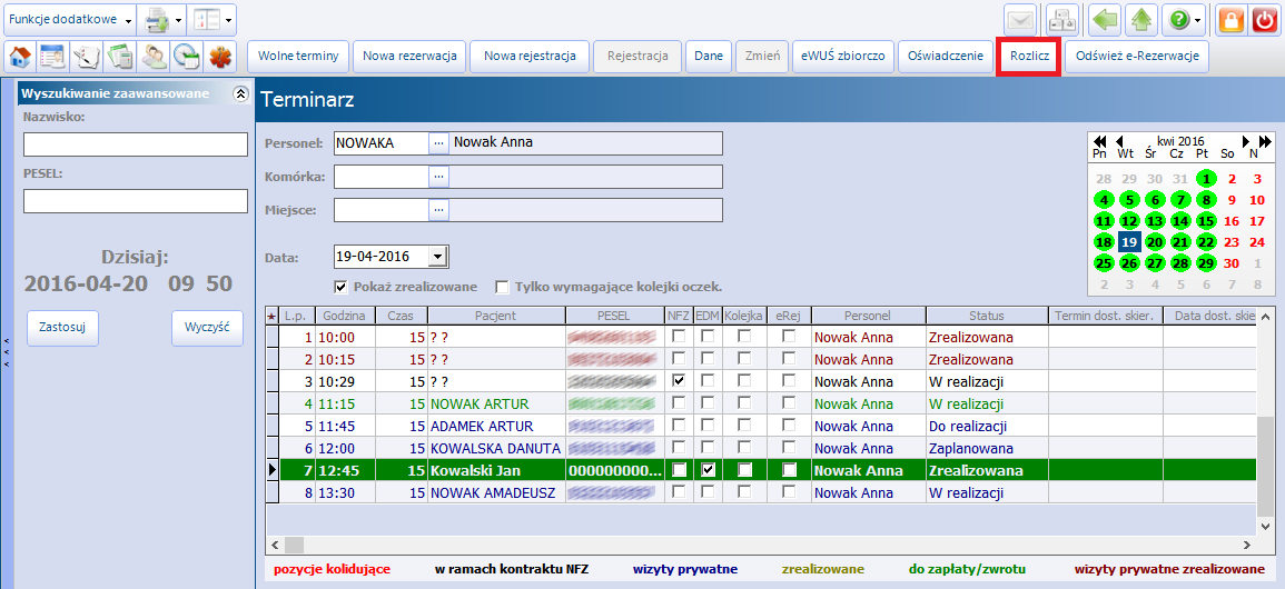 Ewidencja i rozliczanie usług komercyjnych Możliwość obsługi płatności występuje również w T erm inarzu dla wizyt w statusie "W realizacji" oraz "Zrealizowana", po wybraniu przycisku Rozlicz w górnej