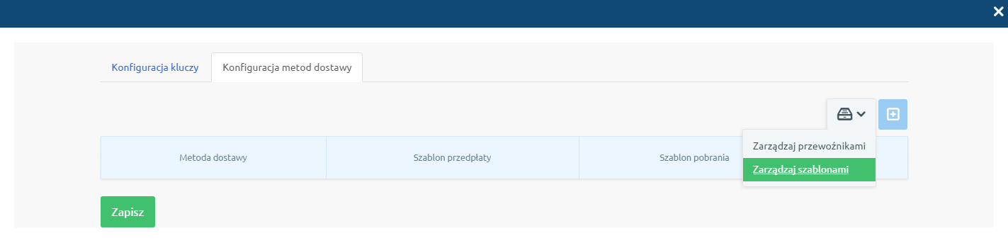Krok 5 W panelu ustawień aplikacji przechodzimy do zakładki Konfiguracja metod dostawy, klikamy na ikonkę ustawień w prawym górnym rogu i wybieramy opcję Zarządzaj przewoźnikami. Rys.