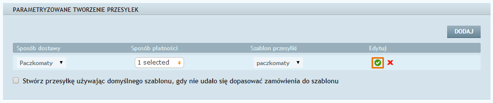 Rys. 190 Łączenie sposobu dostawy z szablonem przesyłki w Sheepla Krok 4 W okienku Sposób dostawy pojawiają się pozycje ustawione wcześniej w sklepie Click Shop.