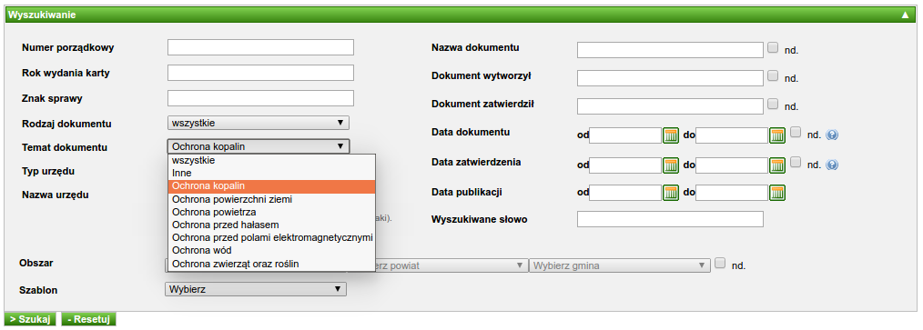 4. Karty posiadające temat dokumentu: Ochrona kopalin. Temat dokumentu wybieramy z listy rozwijalnej. Następnie klikamy w przycisk Szukaj.