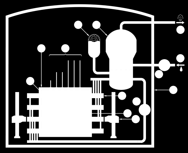 Reaktor typu PHWR (CANDU) 1 pręty paliwowe 2 obudow rdzenia ( kalandria ) 3 pręty sterujące 4 zbiornik ciężkiej wody 5 generator pary 6 pompa lekkiej wody 7 pompa ciężkiej