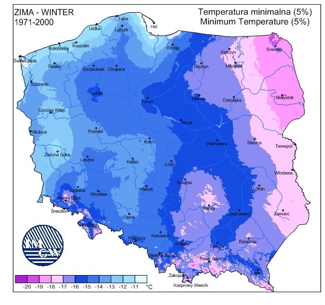 Ocieplenie klimatu Polski, stan w okresie zimowym 1971-2000 średnia temp minimalna w Olsztynie to -16 C 2004-2016 średnia
