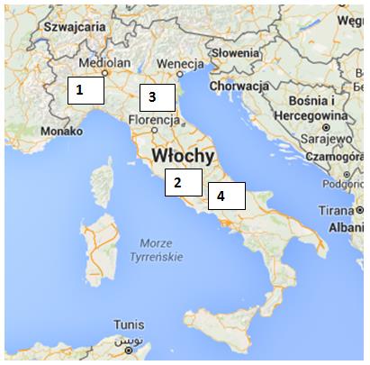 Z iloma państwami ma granicę lądową to państwo? Zapisz ich nazwy Liczba państw: Nazwy państw: Zadanie 10 (0 1 pkt.) Która cyfra (od 1 do 4) prawidłowo wskazuje położenie Rzymu, stolicy Włoch?