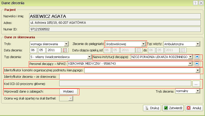 Po wyszukaniu pacjenta i wybraniu opcji Wystaw zlecenie należy wypełnić niezbędne dane w nowym oknie: Po kliknięciu