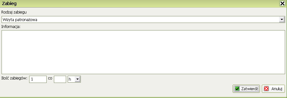 Zabiegi dodajemy klikając na przycisk Po wybraniu Rodzaju zabiegu możemy wpisać adnotacje oraz zapanować ilość zabiegów oraz z jaką częstotliwością mają być powtarzane.