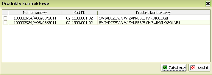 Na kolejnym panelu, należy wybrać poprzez kliknięcie potrzebnych produktów dostępnych względem zaimportowanych umów.