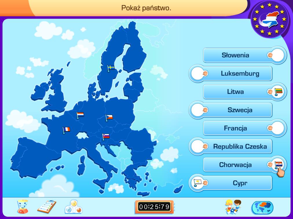 Pokaż państwo zadaniem gracza jest poprawne umieszczenie flagi na terenie odpowiedniego państwa.