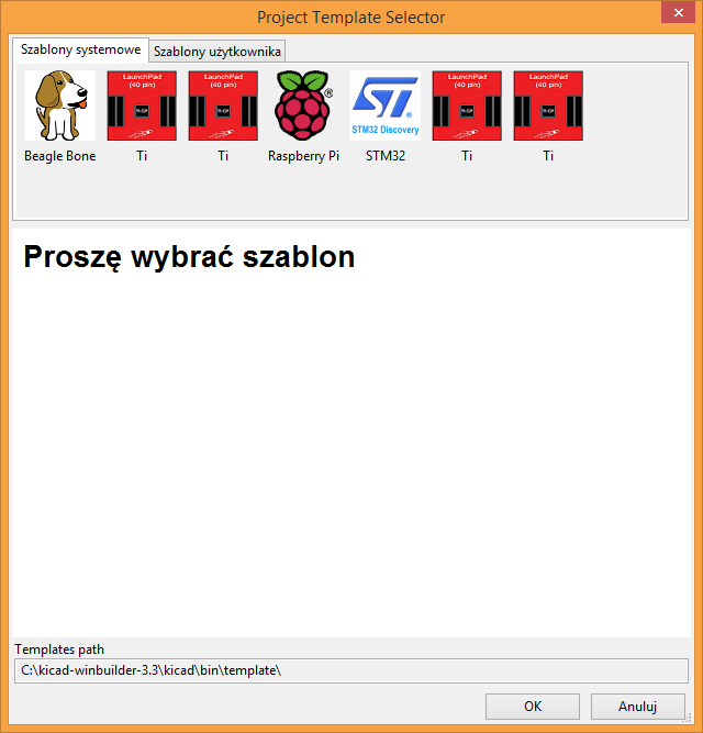 KiCad 12 / 16 Pojedyncze kliknięcie na ikonę szablonu powoduje pokazanie informacji o zawartości szablonu. Późniejsze kliknięcie przycisku OK utworzy nowy projekt.