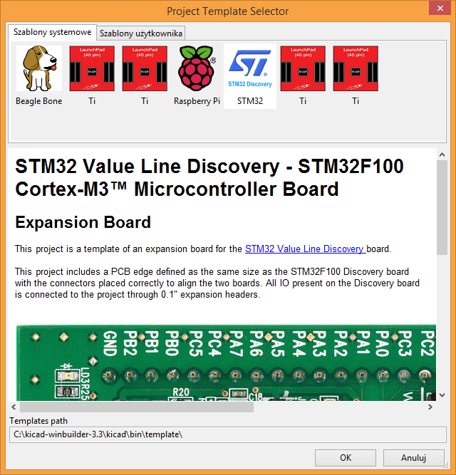 KiCad 13 / 16 4.2 Miejsce przechowywania szablonów: Lista dostępnych szablonów jest tworzona na podstawie następujących lokacji źródłowych: Szablony systemowe: <kicad bin dir>/.