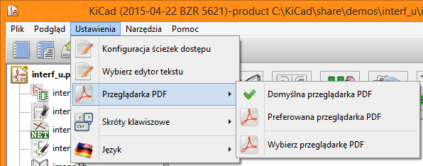 KiCad 5 / 16 2.4 Inicjalizacja zewnętrznych narzędzi. Podczas używania programu KiCad bardzo użyteczne stają się przeglądarka PDF oraz edytor tekstu.