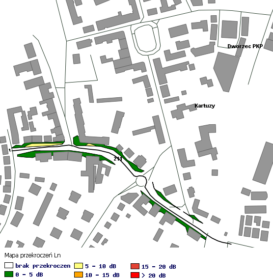 Dla zobrazowania oddziaływania hałasu na terenach miejskich przedstawiono natomiast poniżej fragmenty map akustycznych, dla odcinków dróg wojewódzkich nr 211 i 224, przebiegających przez Miasto