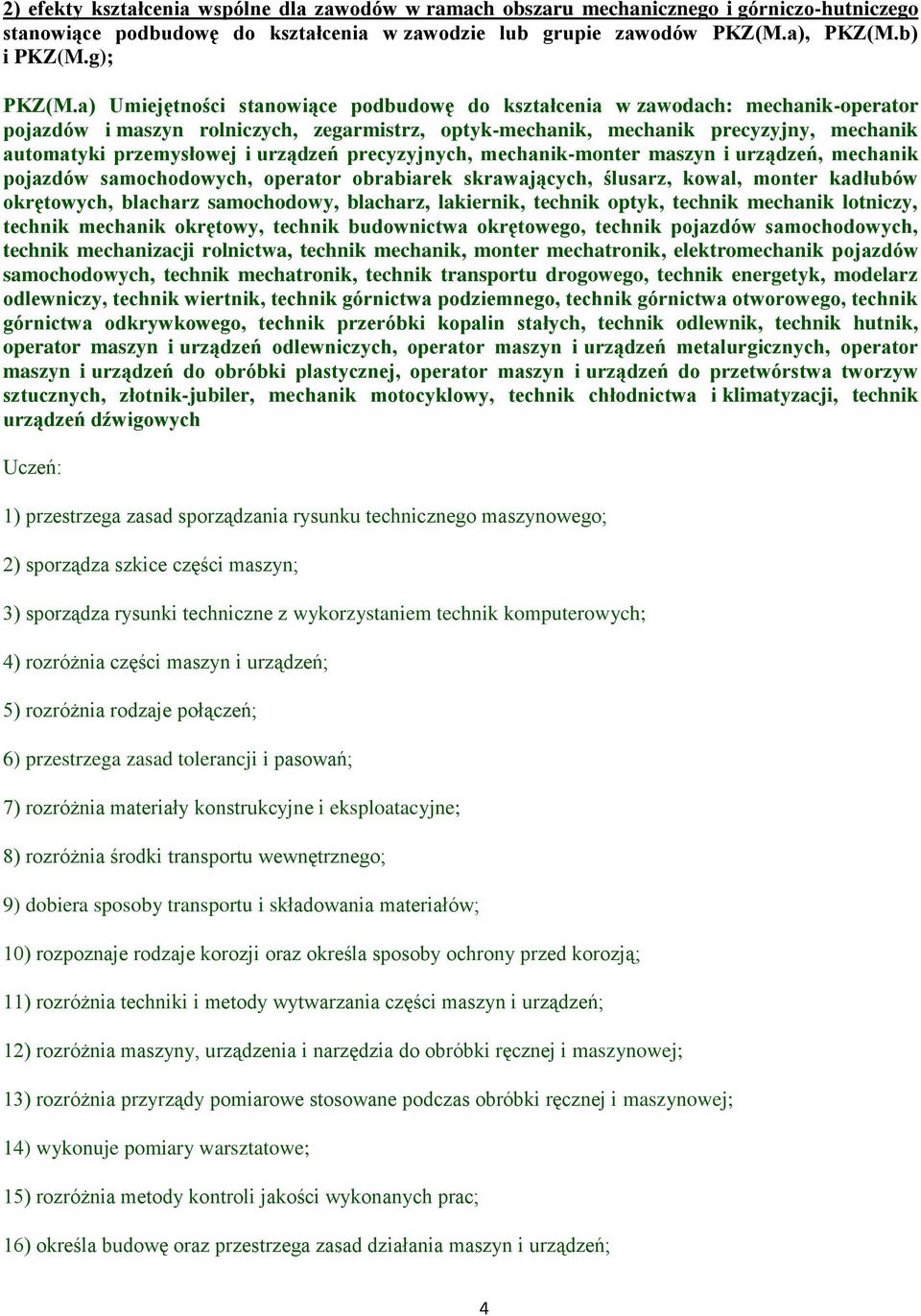 urządzeń precyzyjnych, mechanik-monter maszyn i urządzeń, mechanik pojazdów samochodowych, operator obrabiarek skrawających, ślusarz, kowal, monter kadłubów okrętowych, blacharz samochodowy,