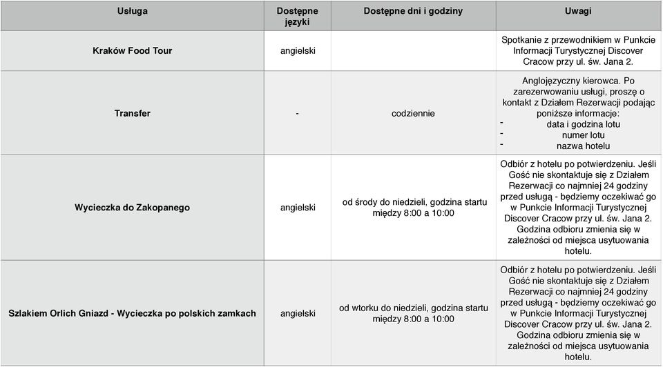 Po zarezerwowaniu usługi, proszę o kontakt z Działem Rezerwacji podając poniższe informacje: - data i godzina lotu - numer lotu - nazwa hotelu Wycieczka do Zakopanego od środy do niedzieli,