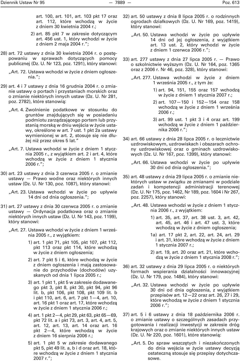 72. Ustawa wchodzi w życie z dniem ogłoszenia. ; 29) art. 4 i 7 ustawy z dnia 16 grudnia 2004 r. o zmianie ustawy o portach i przystaniach morskich oraz o zmianie niektórych innych ustaw (Dz. U. Nr 281, poz.