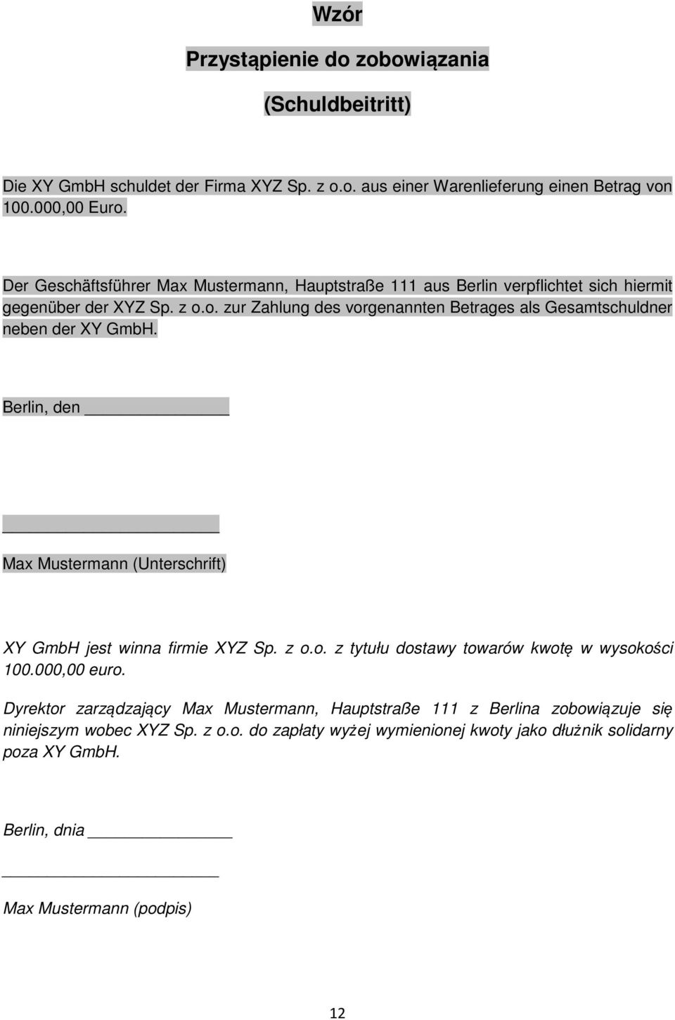 o. zur Zahlung des vorgenannten Betrages als Gesamtschuldner neben der XY GmbH. Berlin, den Max Mustermann (Unterschrift) XY GmbH jest winna firmie XYZ Sp. z o.o. z tytułu dostawy towarów kwotę w wysokości 100.