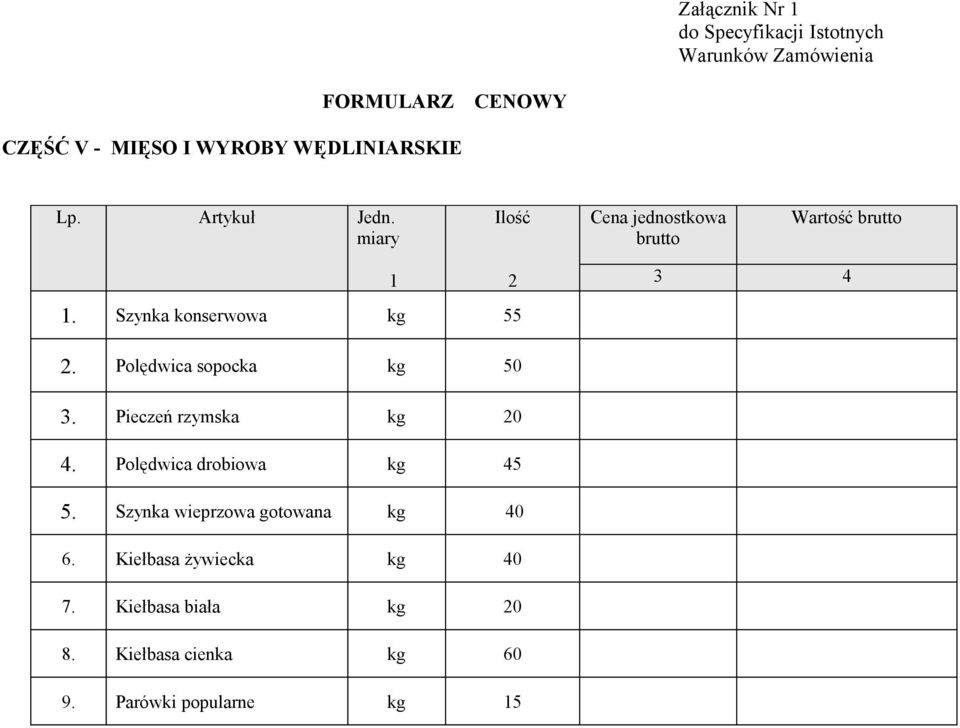 Szynka konserwowa kg 55 1 2 3 4 2. Polędwica sopocka kg 50 3. Pieczeń rzymska kg 20 4.