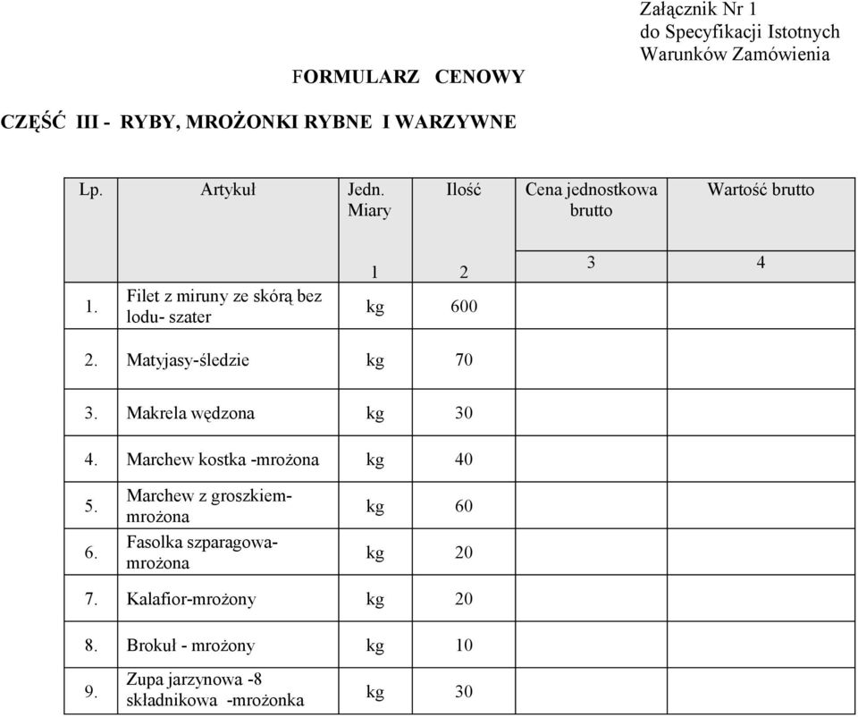 Matyjasy-śledzie kg 70 3. Makrela wędzona kg 30 4. Marchew kostka -mrożona kg 40 5. 6.