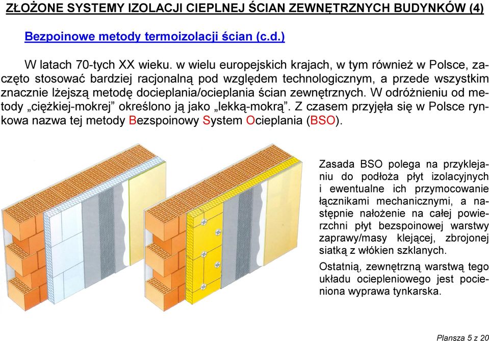 zewnętrznych. W odróżnieniu od metody ciężkiej-mokrej określono ją jako lekką-mokrą. Z czasem przyjęła się w Polsce rynkowa nazwa tej metody Bezspoinowy System Ocieplania (BSO).