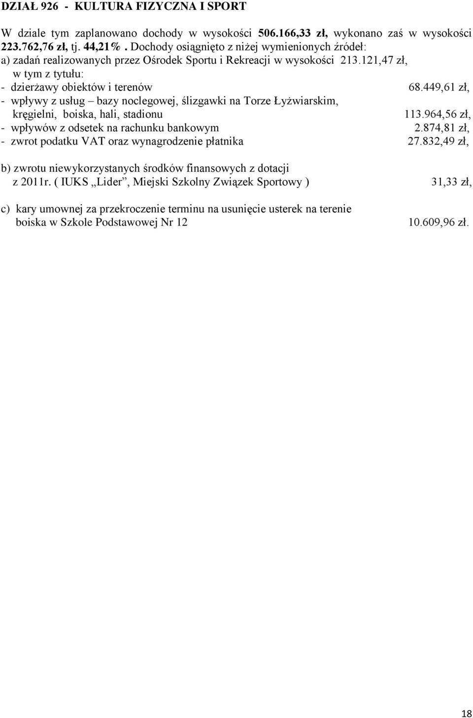 449,61 zł, - wpływy z usług bazy noclegowej, ślizgawki na Torze Łyżwiarskim, kręgielni, boiska, hali, stadionu 113.964,56 zł, - wpływów z odsetek na rachunku bankowym 2.