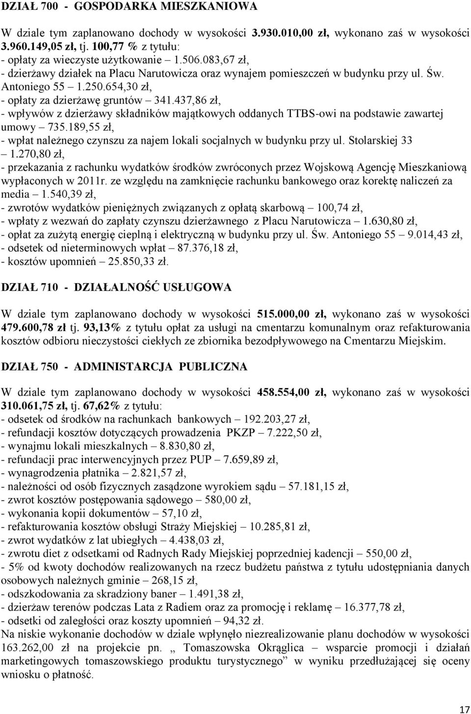 437,86 zł, - wpływów z dzierżawy składników majątkowych oddanych TTBS-owi na podstawie zawartej umowy 735.189,55 zł, - wpłat należnego czynszu za najem lokali socjalnych w budynku przy ul.