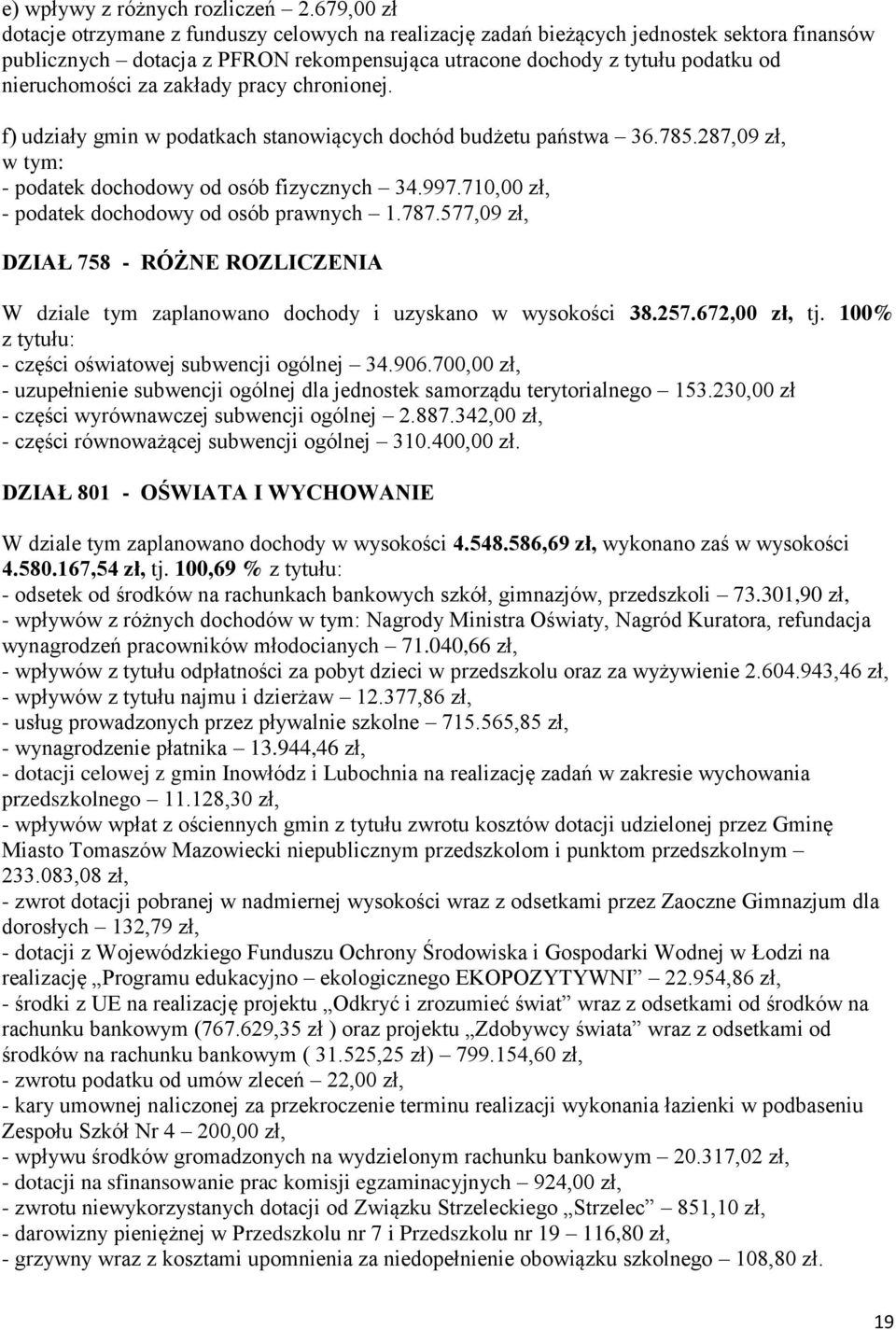 za zakłady pracy chronionej. f) udziały gmin w podatkach stanowiących dochód budżetu państwa 36.785.287,09 zł, w tym: - podatek dochodowy od osób fizycznych 34.997.