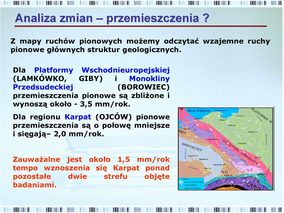 Dla Platformy Wschodnieuropejskiej (LAMKÓWKO, GIBY) i Monokliny Przedsudeckiej (BOROWIEC) przemieszczenia pionowe są