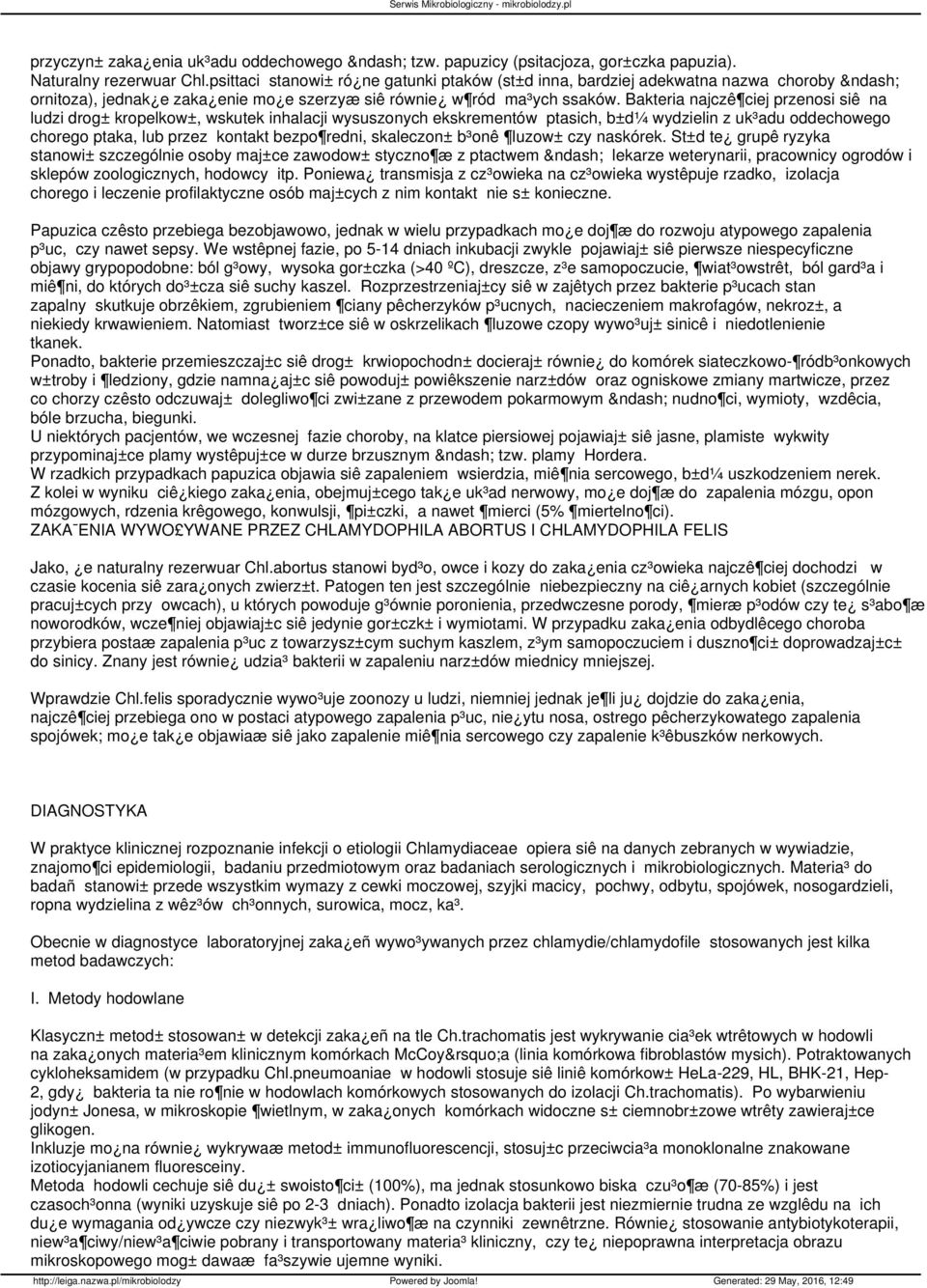 Bakteria najczê ciej przenosi siê na ludzi drog± kropelkow±, wskutek inhalacji wysuszonych ekskrementów ptasich, b±d¼ wydzielin z uk³adu oddechowego chorego ptaka, lub przez kontakt bezpo redni,