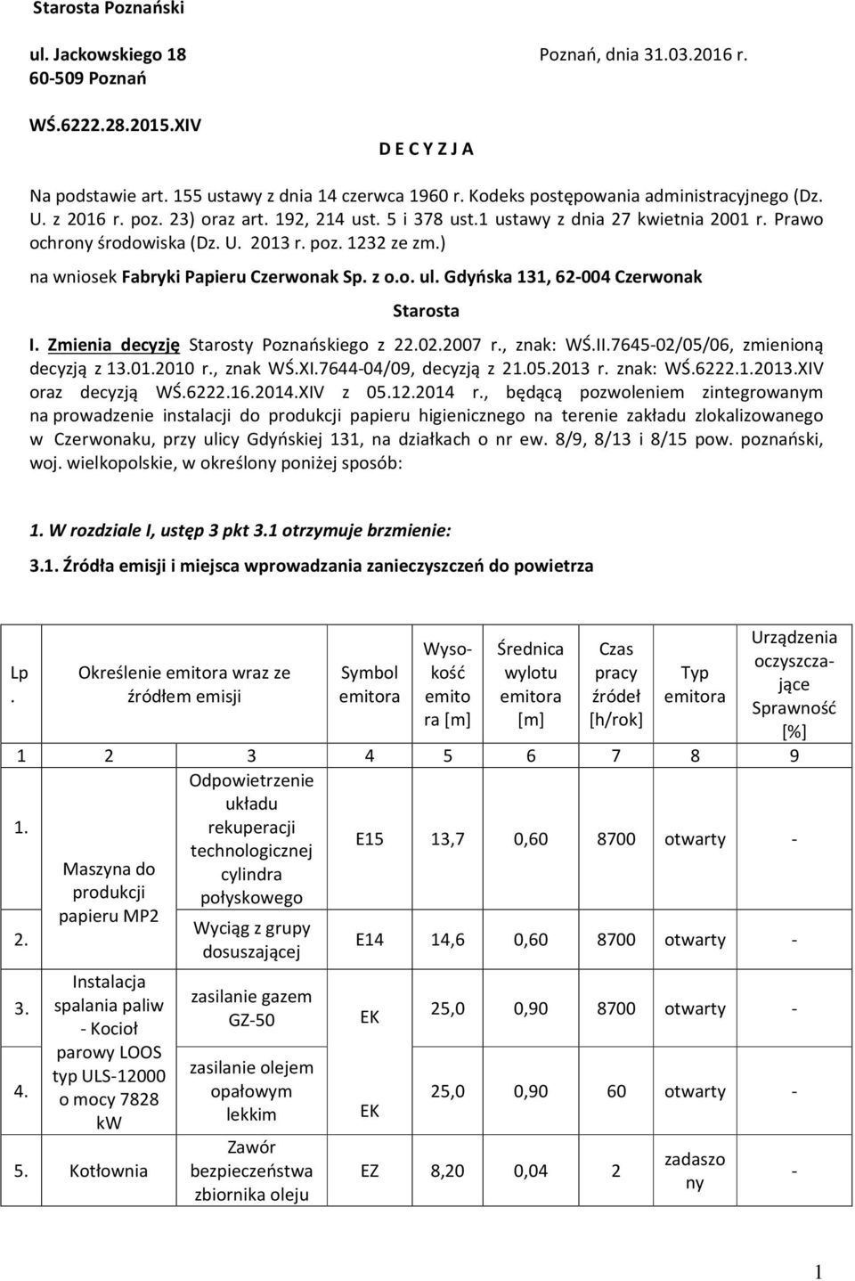 ) na wniosek Fabryki Papieru Czerwonak Sp. z o.o. ul. Gdyńska 131, 62-004 Czerwonak Starosta I. Zmienia decyzję Starosty Poznańskiego z 22.02.2007 r., znak: WŚ.II.