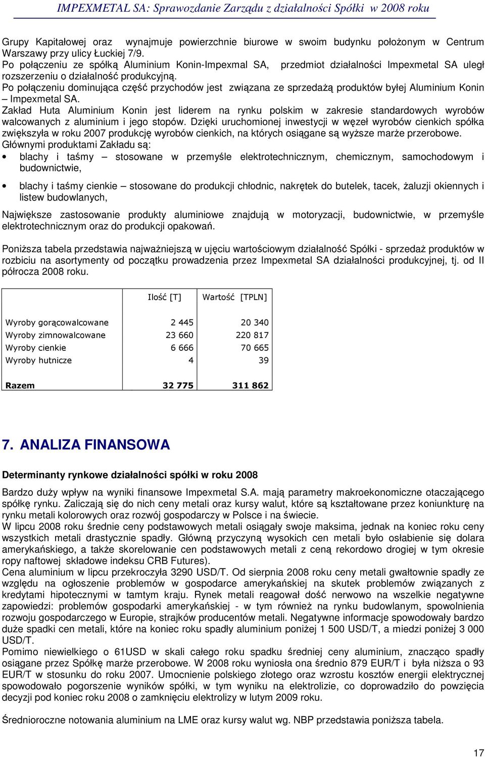 Po połczeniu dominujca cz przychodów jest zwizana ze sprzeda produktów byłej Aluminium Konin Impexmetal SA.