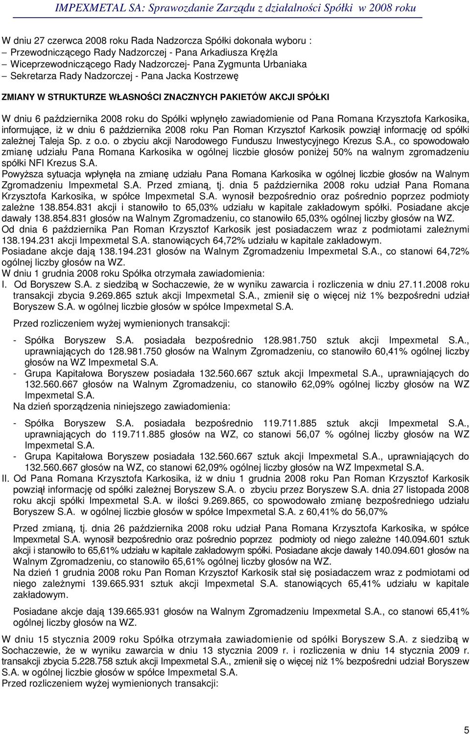 informujce, i w dniu 6 padziernika 2008 roku Pan Roman Krzysztof Karkosik powził informacj od spółki zalenej Taleja Sp. z o.o. o zbyciu akcji Narodowego Funduszu Inwestycyjnego Krezus S.A.