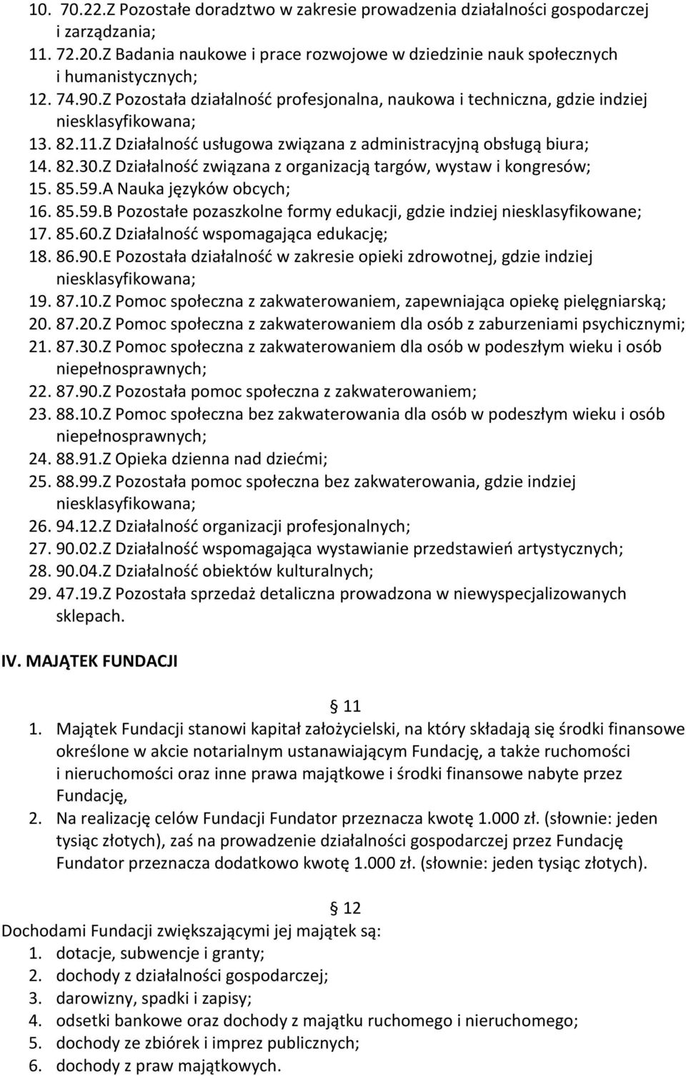 Z Działalność związana z organizacją targów, wystaw i kongresów; 15. 85.59.A Nauka języków obcych; 16. 85.59.B Pozostałe pozaszkolne formy edukacji, gdzie indziej niesklasyfikowane; 17. 85.60.