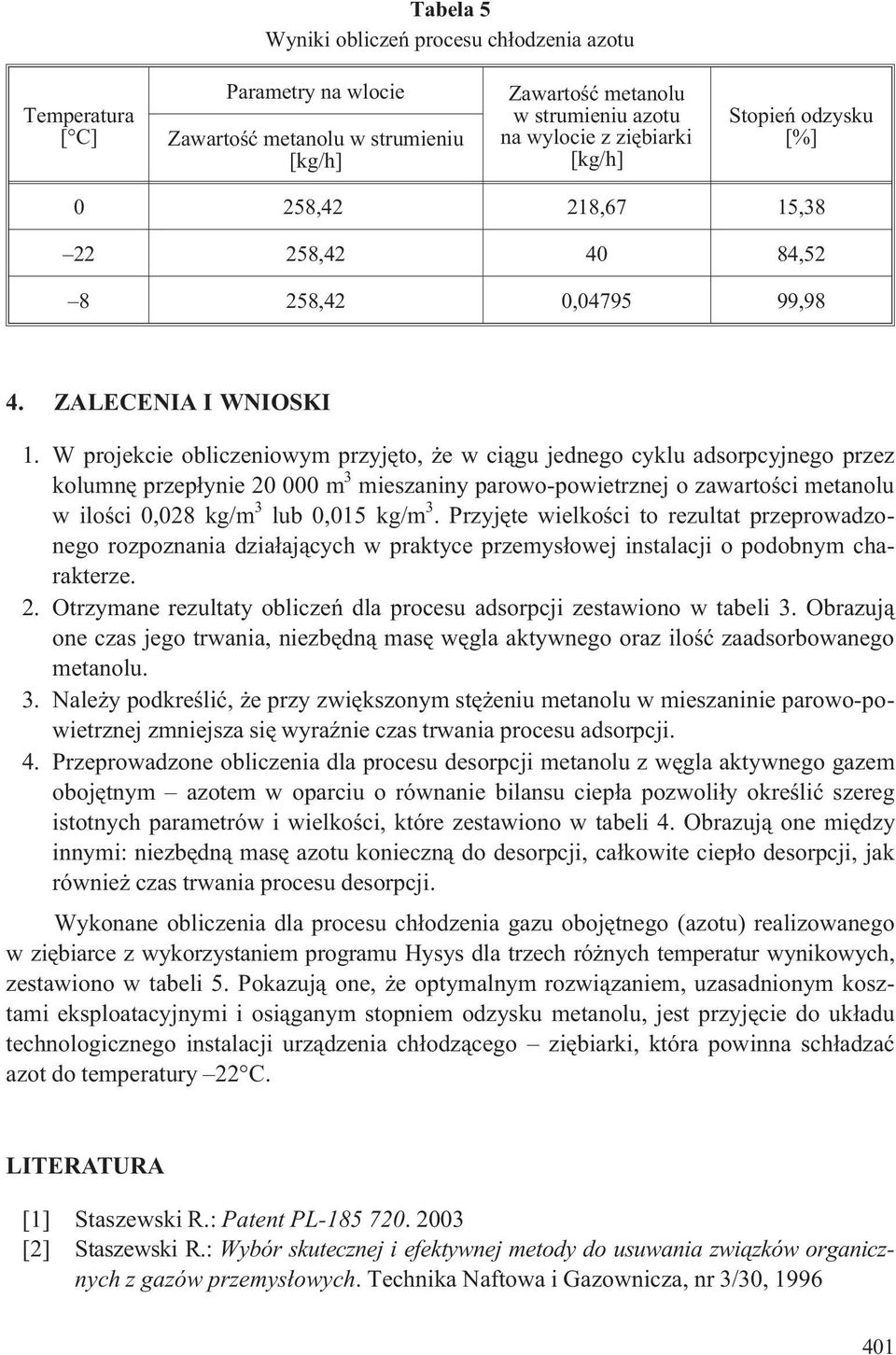 W projekcie obliczeniowym przyjêto, e w ci¹gu jednego cyklu adsorpcyjnego przez kolumnê przep³ynie 20 000 m 3 mieszaniny parowo-powietrznej o zawartoœci metanolu w iloœci 0,028 kg/m 3 lub 0,015 kg/m