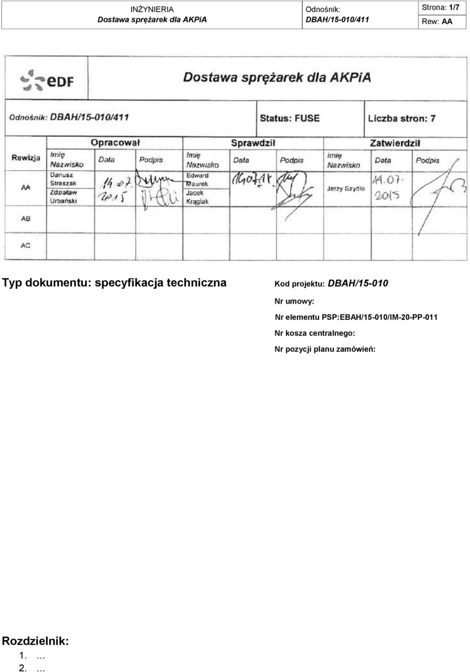 Nr elementu PSP:EBAH/15-010/IM-20-PP-011 Nr