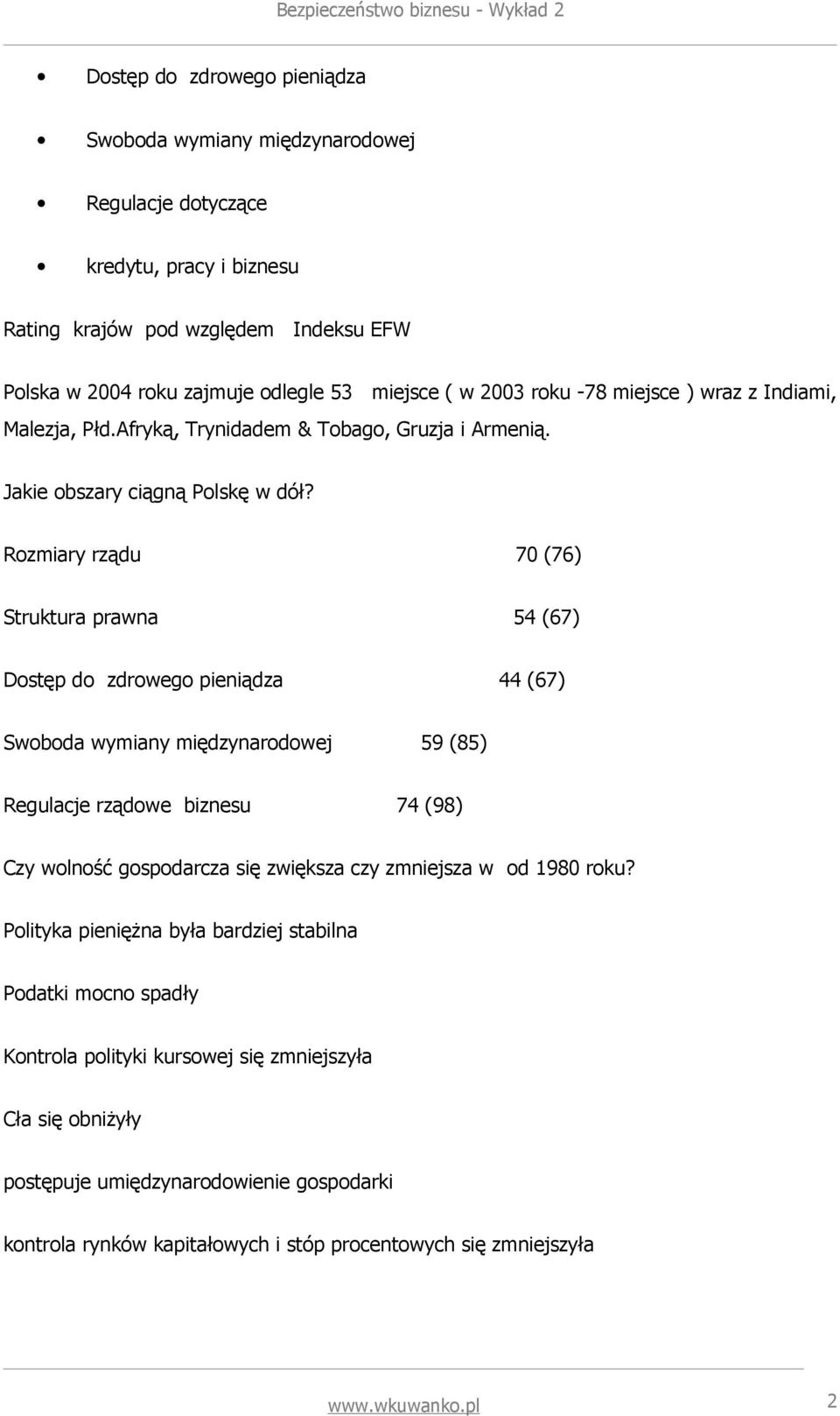 Rozmiary rządu 70 (76) Struktura prawna 54 (67) Dostęp do zdrowego pieniądza 44 (67) Swoboda wymiany międzynarodowej 59 (85) Regulacje rządowe biznesu 74 (98) Czy wolność gospodarcza się zwiększa czy