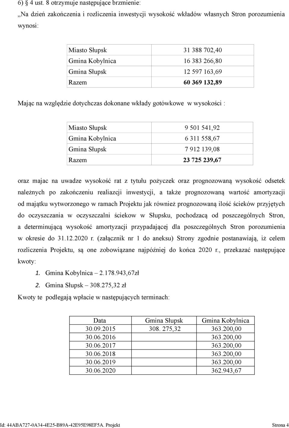 163,69 Razem 60 369 132,89 Mając na względzie dotychczas dokonane wkłady gotówkowe w wysokości : Miasto Słupsk 9 501 541,92 Kobylnica 6 311 558,67 Słupsk 7 912 139,08 Razem 23 725 239,67 oraz majac