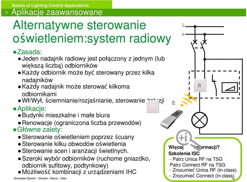 przewodów) Główne zalety: Sterowanie oświetleniem poprzez ścuany Sterowanie kilku obwodów oświetlenia Sterowanie scen i aranŝacji świetlnych.