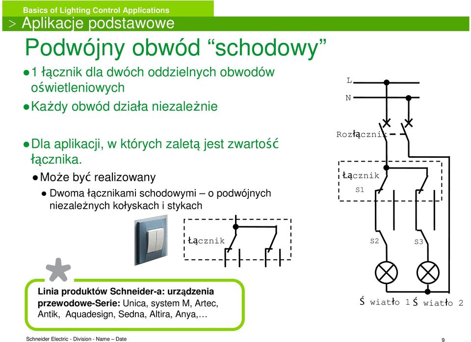 MoŜe być realizowany Dwoma łącznikami schodowymi o podwójnych niezaleŝnych kołyskach i stykach Rozłącznik Łącznik S1