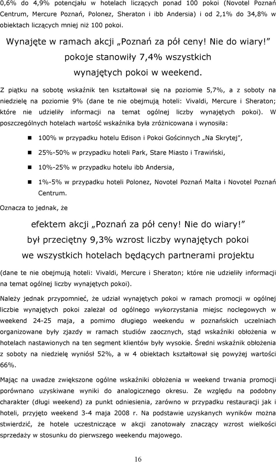 Z piątku na sobotę wskaźnik ten kształtował się na poziomie 5,7%, a z soboty na niedzielę na poziomie 9% (dane te nie obejmują hoteli: Vivaldi, Mercure i Sheraton; które nie udzieliły informacji na